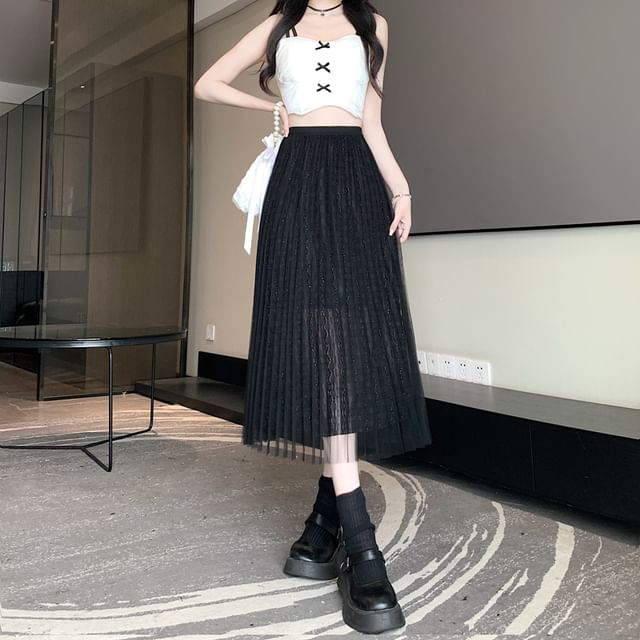 A-Line Skirt Midi Accordion Plain High Pleated Mesh Waist