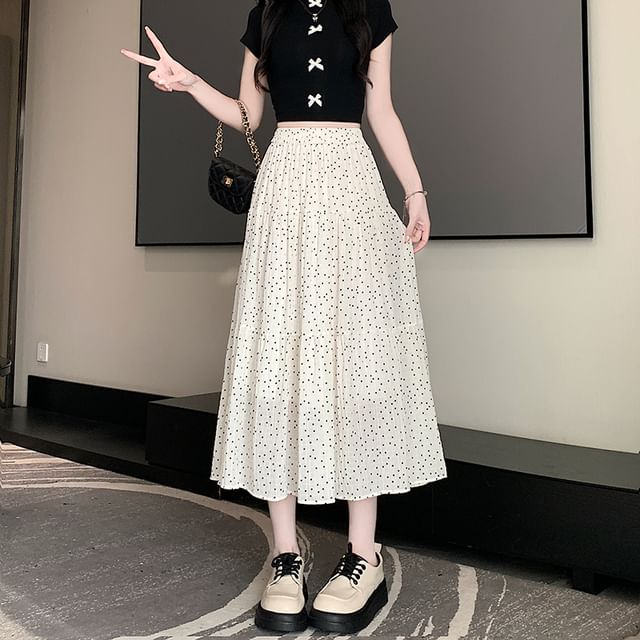 Skirt Midi A-Line Dotted Tiered Waist Elastic