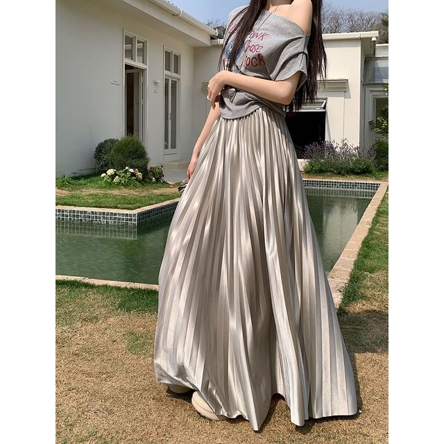 Pleated Skirt Waist Maxi Plain High Accordion A-Line