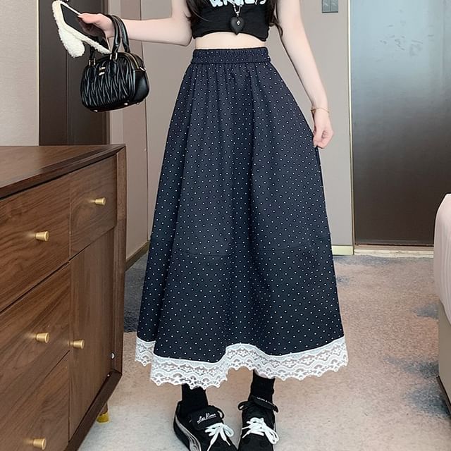 High Rise Dotted A-Line Lace Trim Skirt Maxi
