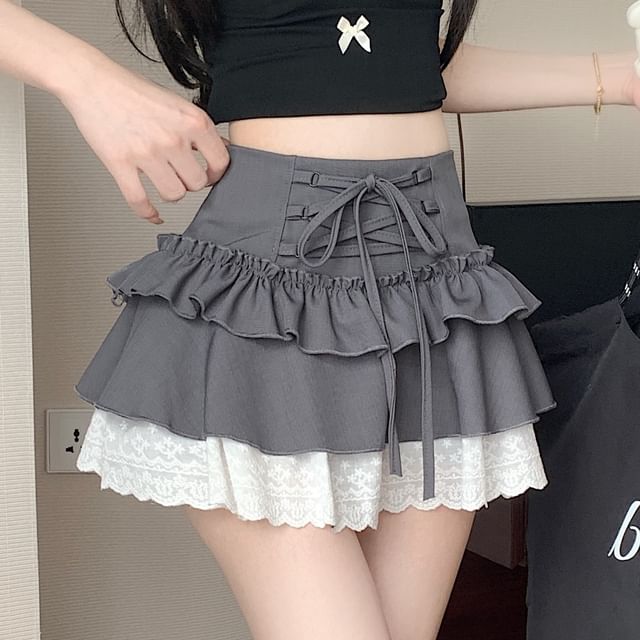Rise A-Line Ruffle Plain Skirt High Mini Lace-Up Trim Lace