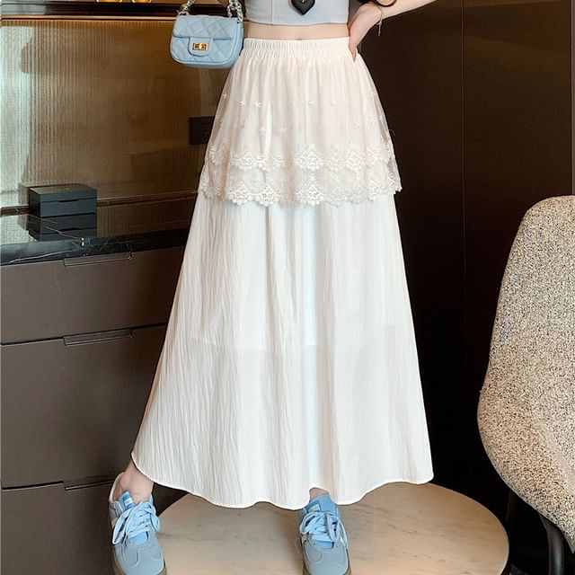 Maxi Trim Skirt Rise Lace Plain High A-Line