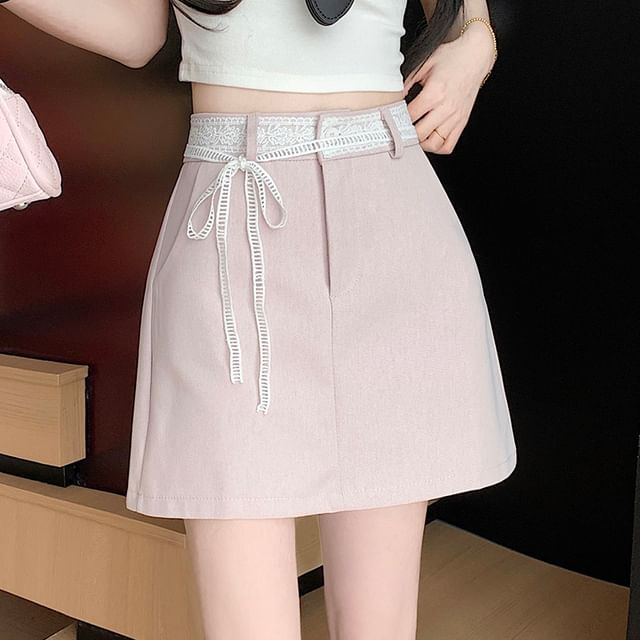 Plain A-Line Rise Skirt Lace Trim Mini High