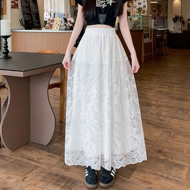 Lace Trim High Waist A-Line Flower Embroidered Maxi Skirt