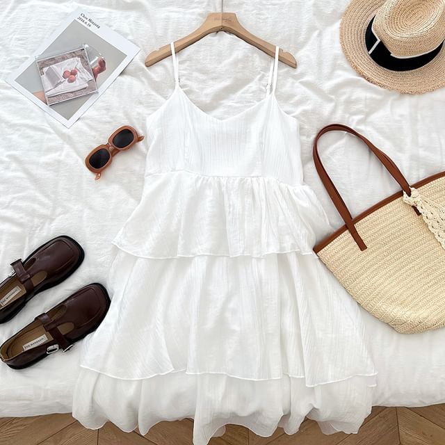 Ruffle Tiered Midi A-Line Dress with V-Neck and Thin Straps