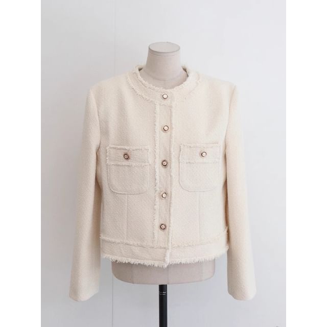 Crew Neck Frayed Button-Up Plain Tweed Jacket