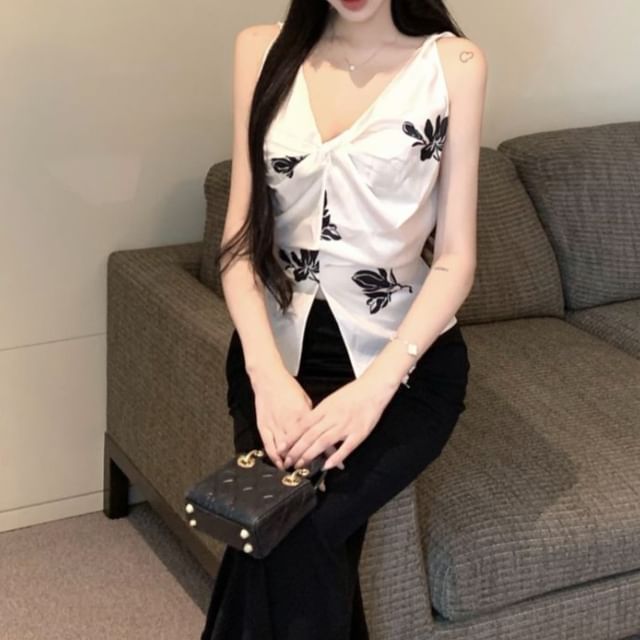 Floral High Plain Cami V-Neck Rise Slit Top Skirt Maxi Pencil / Print