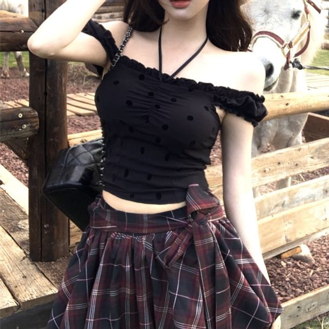 Dotted High Plaid Frill Balloon Rise Top Skirt A-Line Mini Cami /