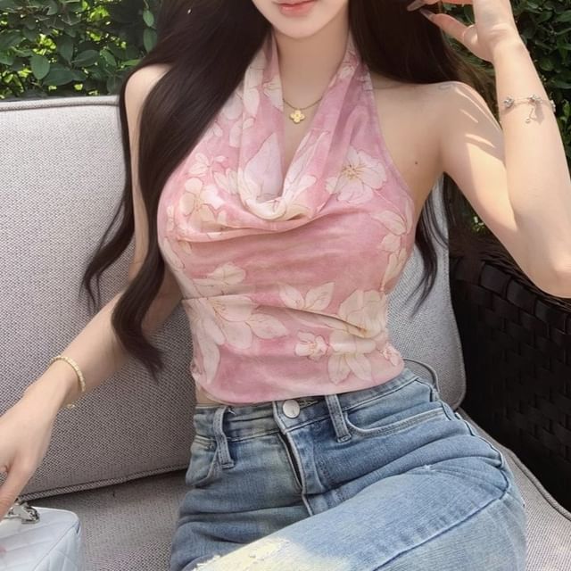 Halter Neck Cowl Print Floral Top