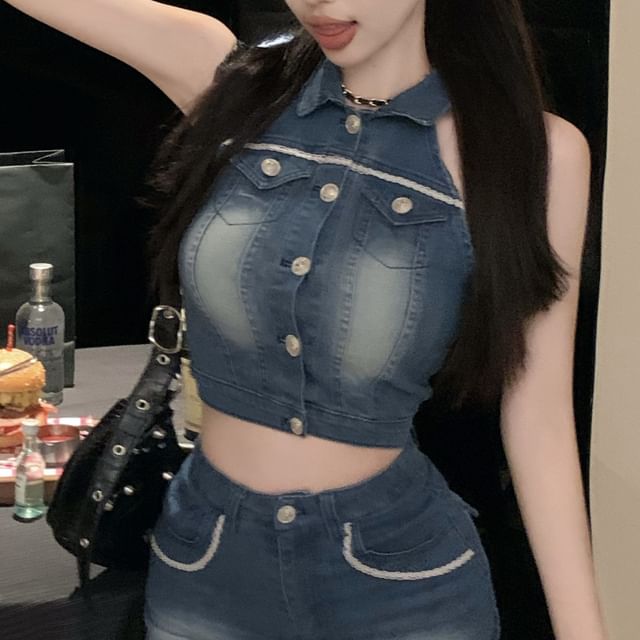 Mini Washed Vest Skirt / Button Pencil Crop Collared Denim Waist High