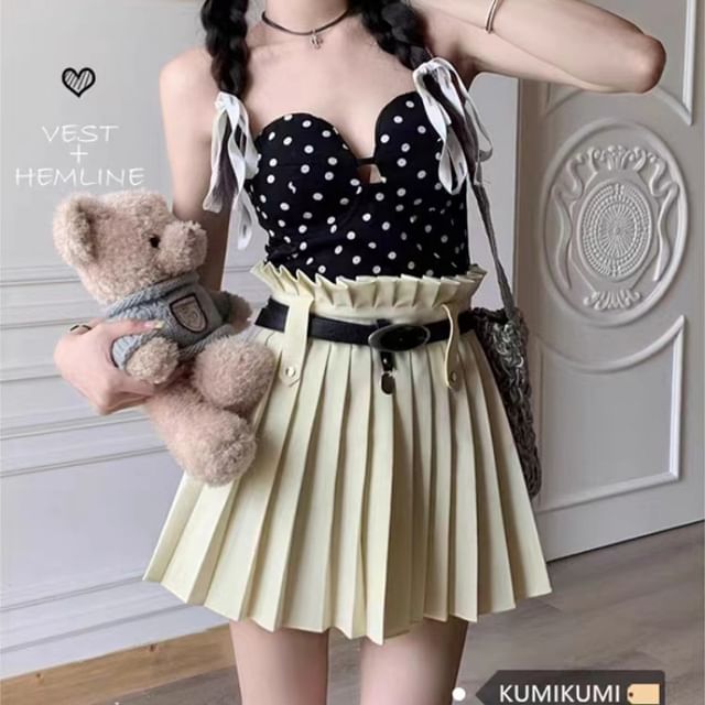 High A-Line Belted Rise Mini Plain Pleated Skirt