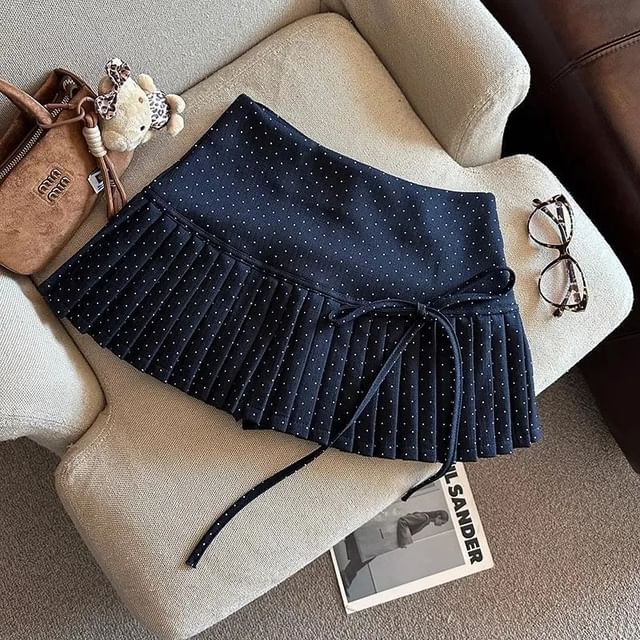 Dotted Skirt Pleated Rise A-Line High Mini