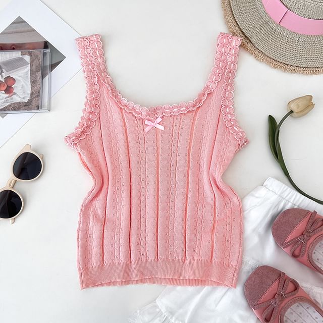 Knit Scoop-Neck Cami with Lace Accent - LaceLux