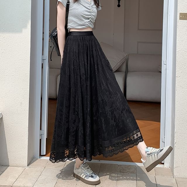 Lace Skirt High Midi Waist A-Line