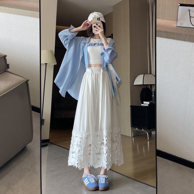 Waist Skirt Panel Midi Lace High Plain A-Line