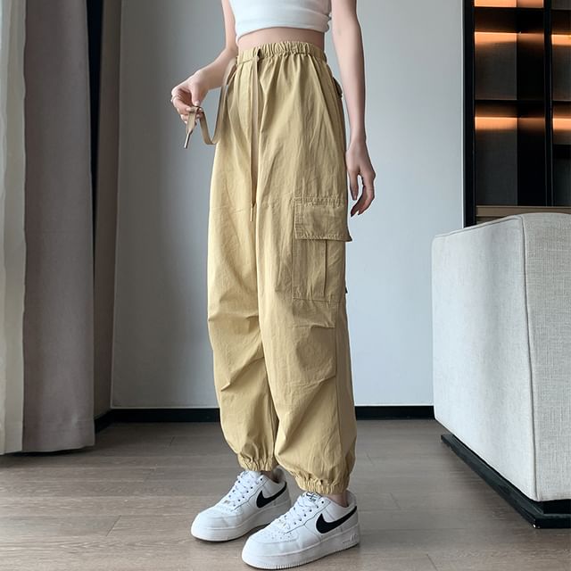 Cargo Harem Cropped Pants Plain Drawstring Waist