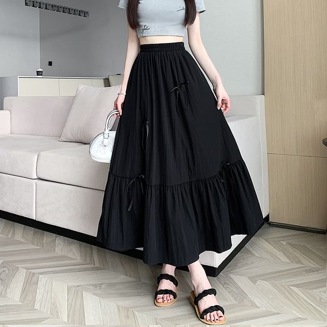 Midi High Bow Accent Rise Plain Skirt A-Line