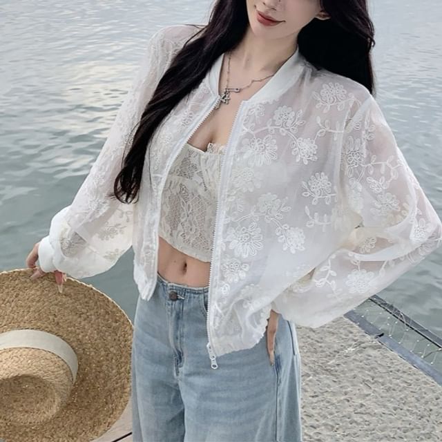 Zip Jacket Flower Sheer Embroidered