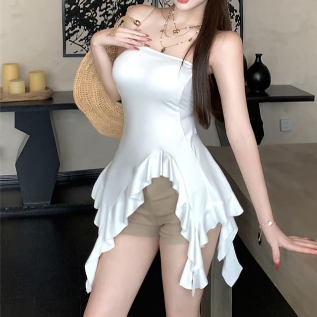 Top Ruffle Strapless Asymmetrical Plain