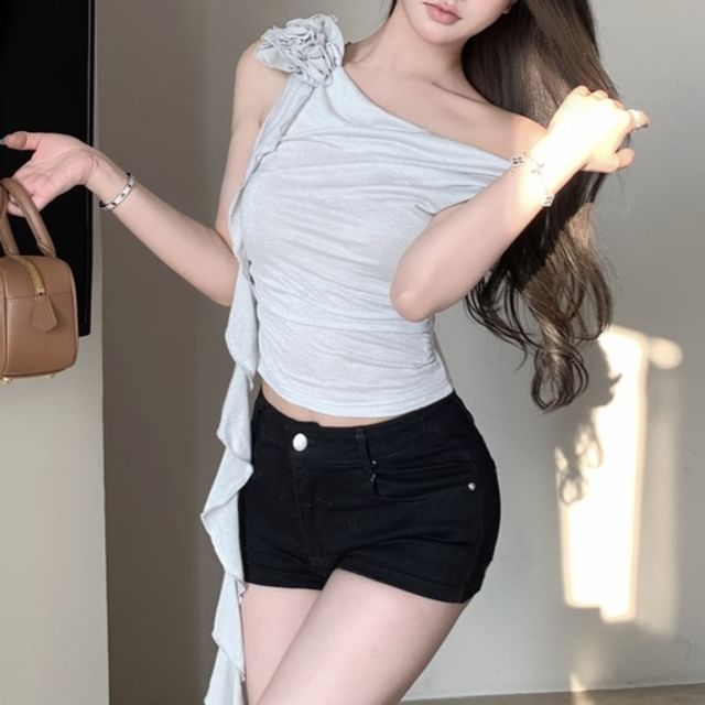 Plain Crop One-Shoulder Floral Top Shirred