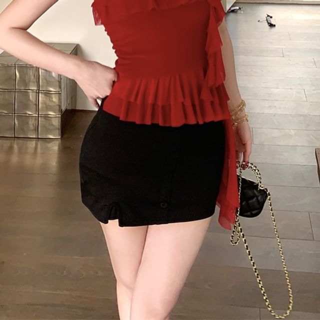 Top High Cami Waist Skirt Asymmetrical Floral / Pencil Ruffled Mini