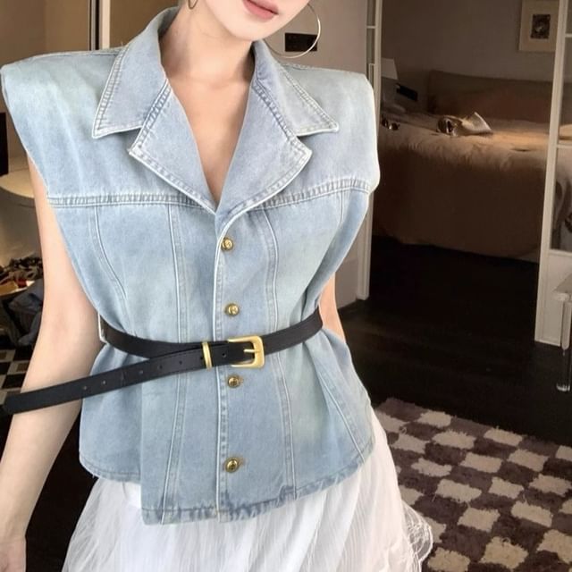 Lace Layered High Button-Up Denim / Midi Vest Rise Skirt A-Line Washed