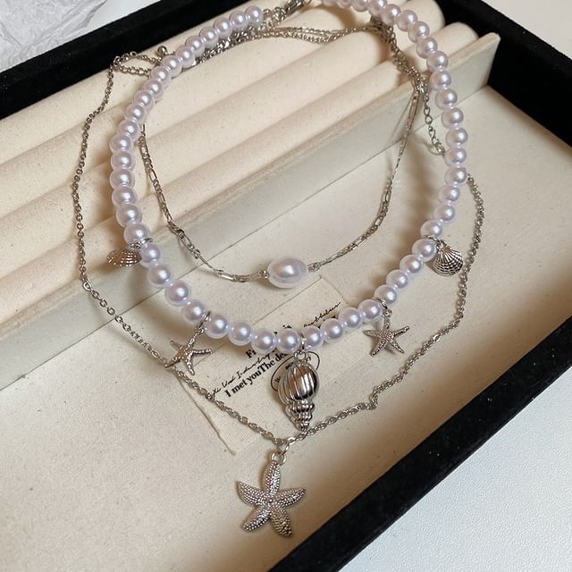 Pendant Pearl + Faux of 3: Choker Set Alloy Starfish Necklace