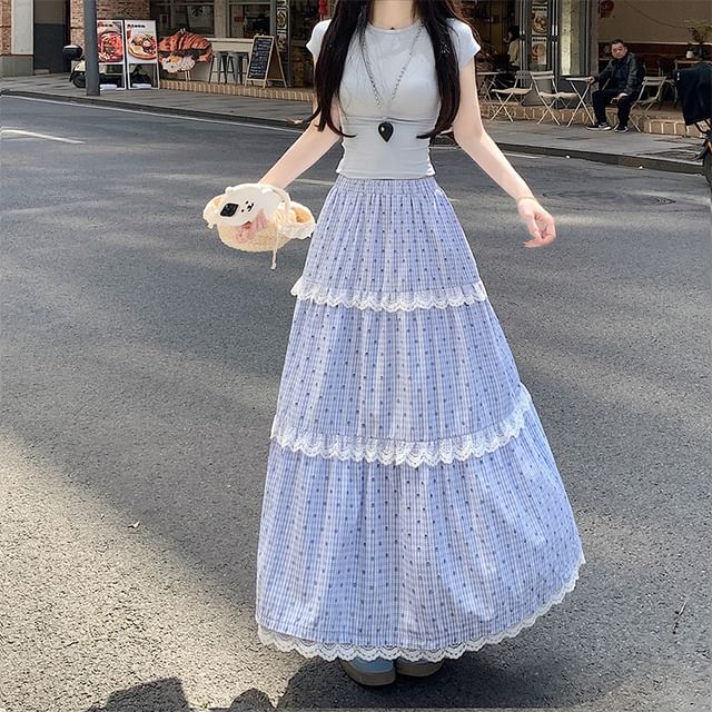 Lace Tiered Plaid Waist Trim Elastic Maxi Dotted Skirt A-Line