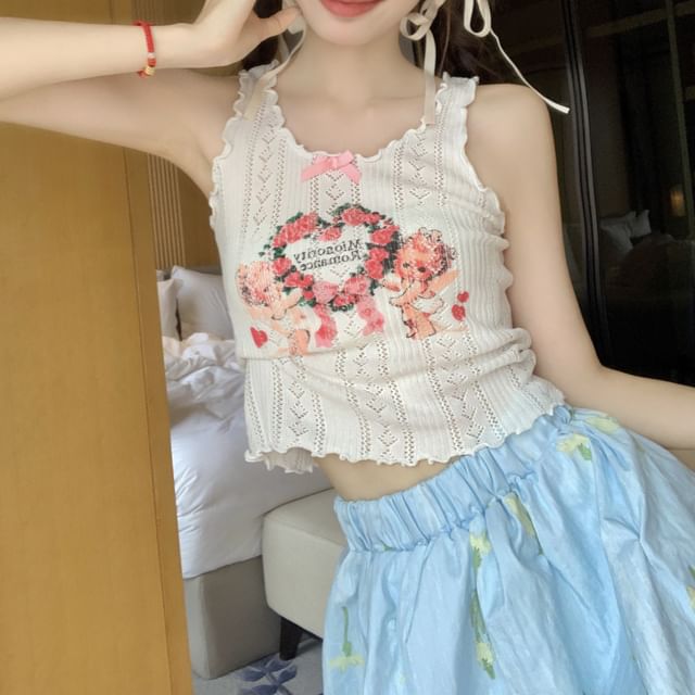 Top Crop Print Floral Lace Tank