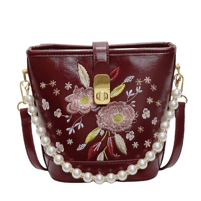 Pearl Faux Bucket Strap Embroidered Bag Floral