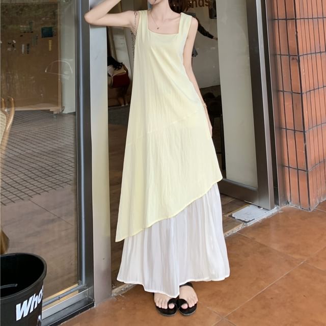 A-Line Dress Neck Asymmetrical Sleeveless Square Midi Paneled