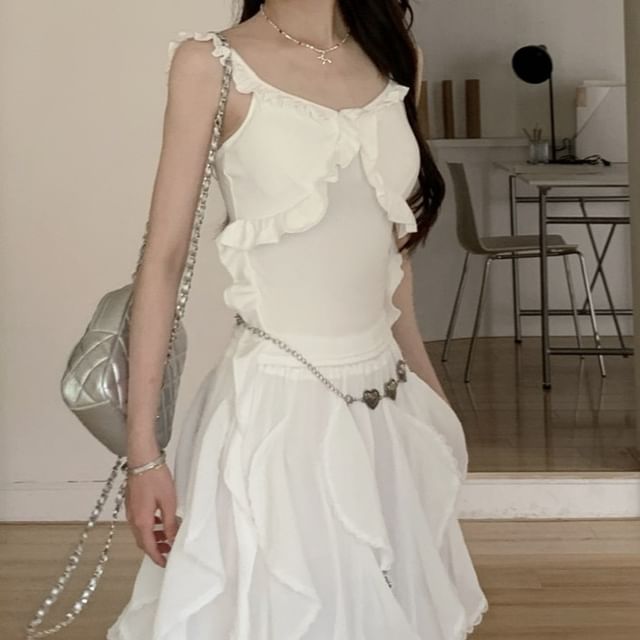 Elastic Waist Trim Asymmetrical Tank A-Line / Fit Ruffle Midi Skirt Top Plain Slim