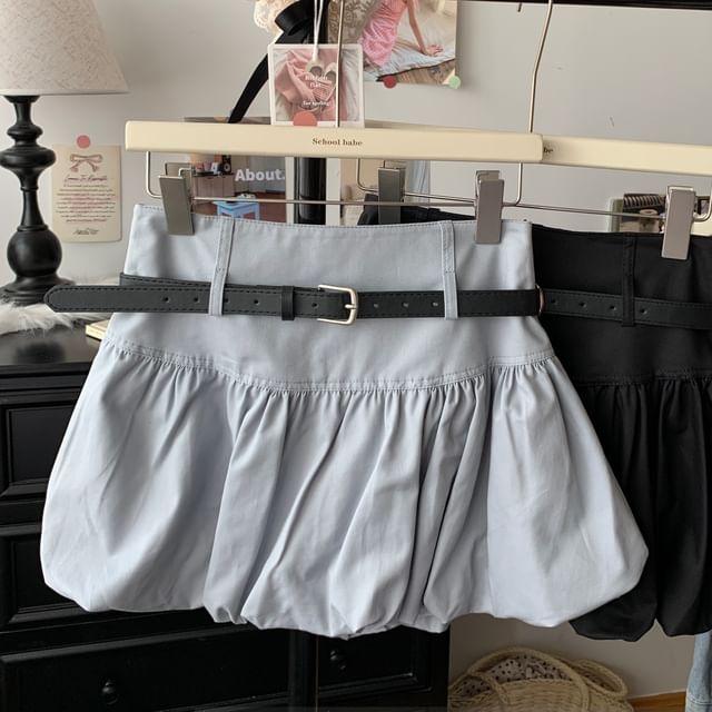 Bubble + Mini Rise High Belt A-Line Skirt Plain Set: Hem