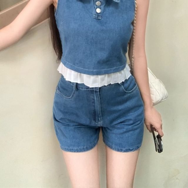 / Denim Shorts Frill Waist Tank Trim Collar High Henley Crop Top