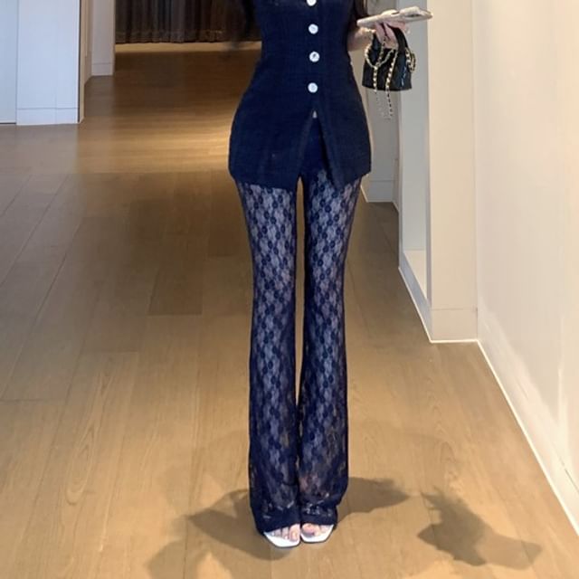 Camisole / Slim Floral Fit Plain Bootcut Lace Button Top Pants