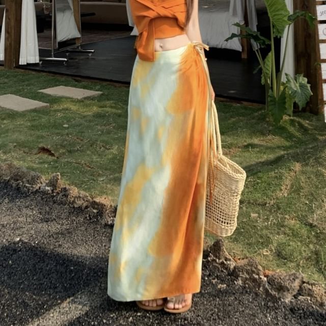 Wrap Fit Knot Tie Rise / Top Halter Skirt A-Line Slim Dye Maxi Crop Plain Cami Mid