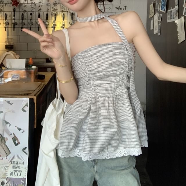 Peplum Top Ruched Tube Trim Plaid Lace