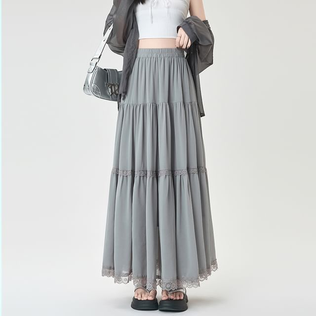 Waist Midi Skirt Plain Lace A-Line Trim Elastic Tiered
