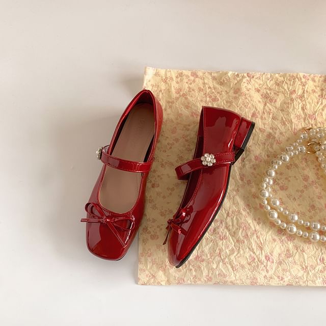 Jane Leather Mary Toe Low Faux Pumps Bow Square Heel