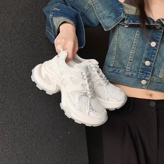 Platform Leather Lace-Up Mesh Sneakers Panel Genuine