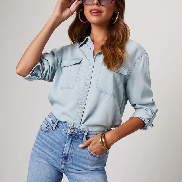 Denim V-Neck Shirt Sleeve Long Loose-Fit