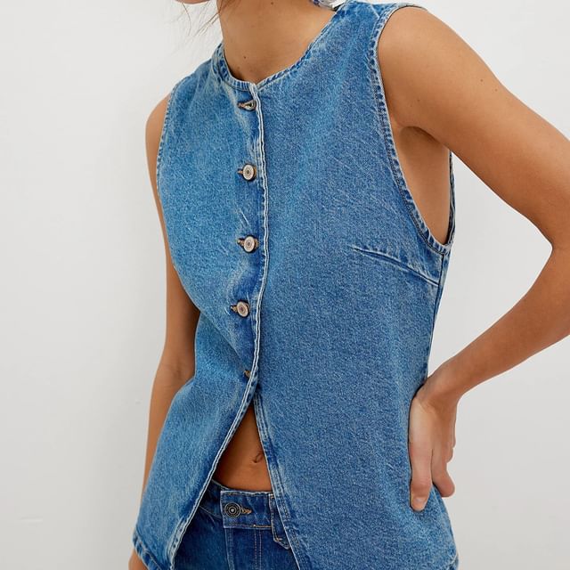 Button-Up Washed Denim Top Tank Slim-Fit