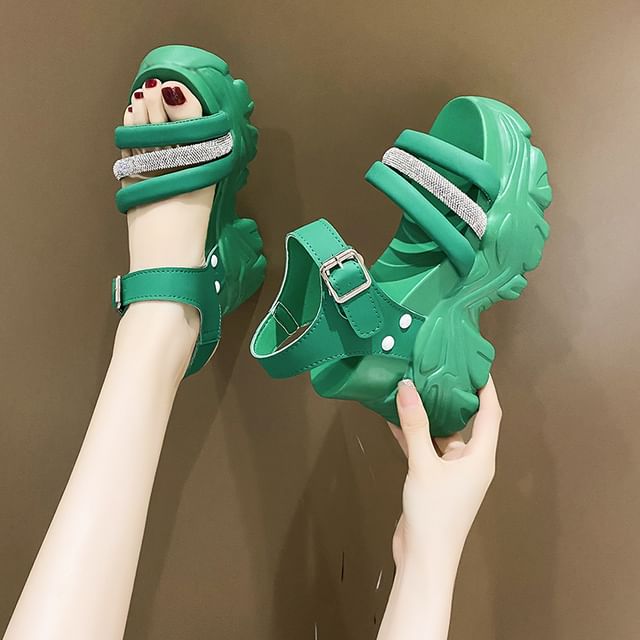 Chunky Rhinestone Heel Platform Strappy Sandals