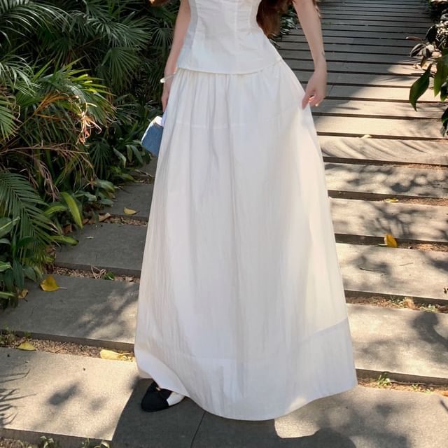 Scoop Neck Sleeveless Skirt A-Line Maxi High Plain Bow Blouse Frill Crop Rise /