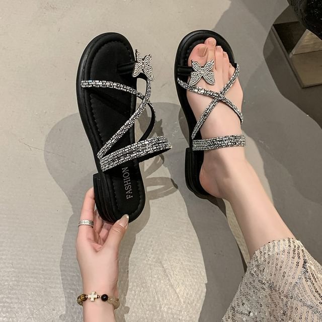 Toe Criss Sandals Slide Loop Cross Butterfly Rhinestone