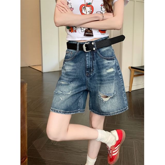 High Waist Washed Denim Distressed Shorts