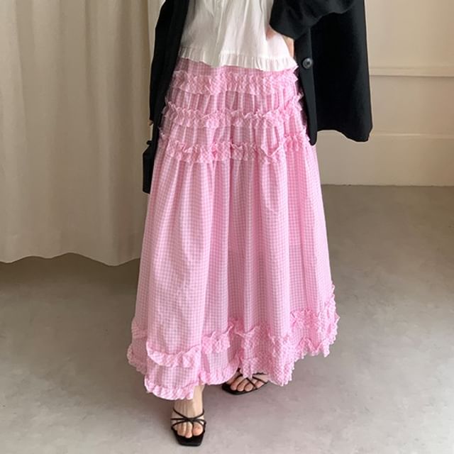 Gingham Ruffle Trim Tiered Midi Skirt with Elastic Waist