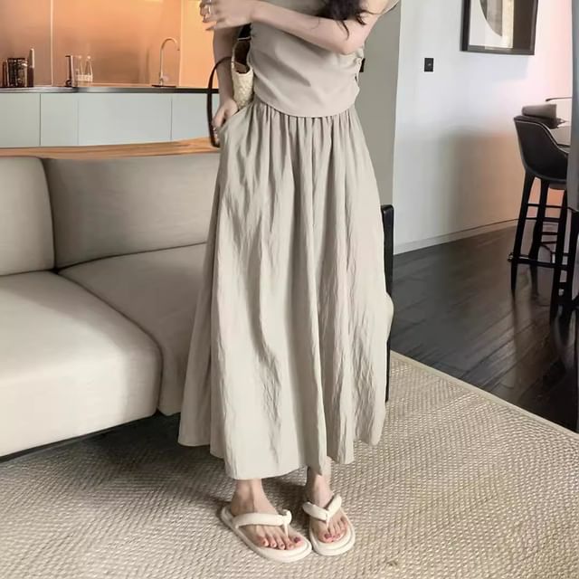 Shirred Midi A-Line Skirt with High Waist