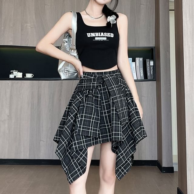 Asymmetrical Tie-Front Mini Skirt with Plaid Pattern