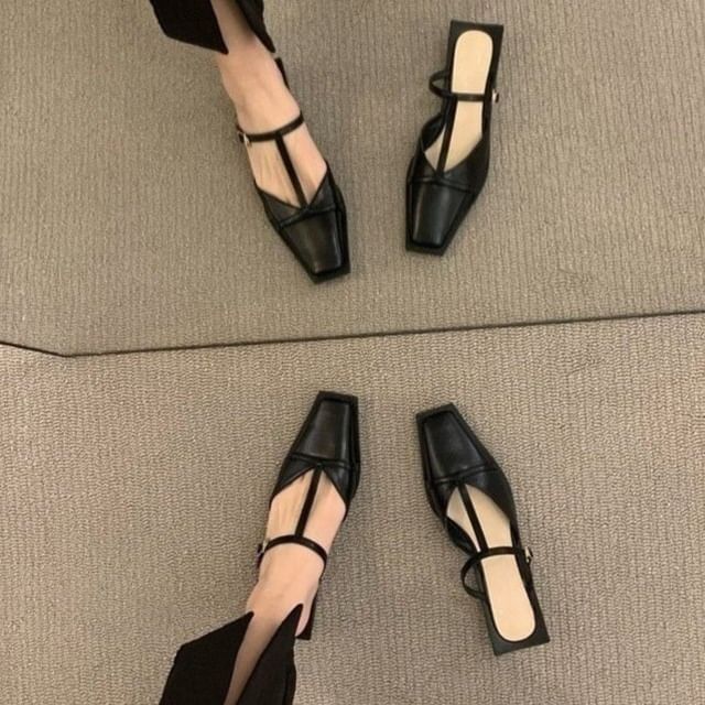 T-Strap Mules Toe Chunky Heel Square